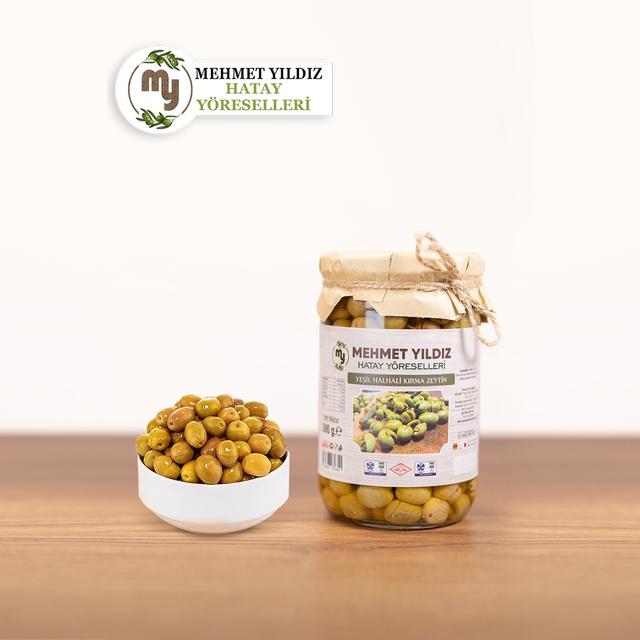 YEŞİL HALHALI KIRMA ZEYTİN 500 GR CAM