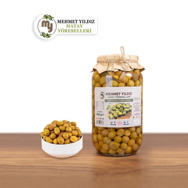 YEŞİL HALHALI KIRMA ZEYTİN 1 KG CAM